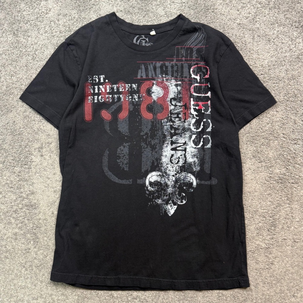 Guess Jeans Graphic T-Shirt Black Large 1981 Fleur De Lis Y2K Streetwear